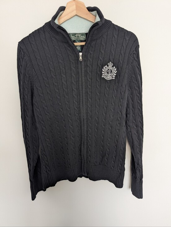 Lauren Ralph Lauren Sweaters - Lauren Ralph Lauren Active Black Full Zip Cable Knit Sweater Size XL Crest